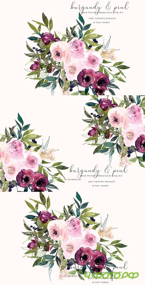 Watercolor Burgundy and Pink Flower Clipart - 260410