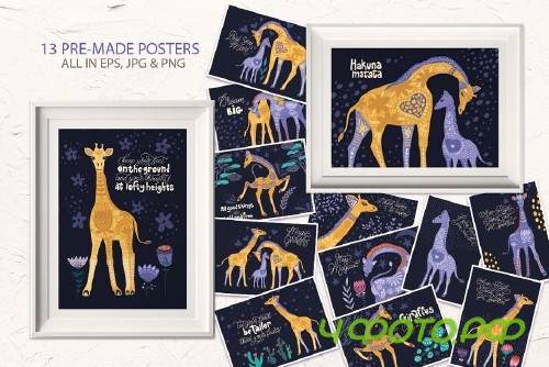 Magic giraffes. Folk art graphic set - 3825733
