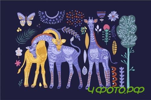 Magic giraffes. Folk art graphic set - 3825733