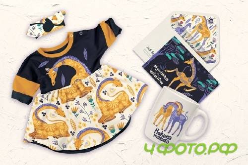 Magic giraffes. Folk art graphic set - 3825733
