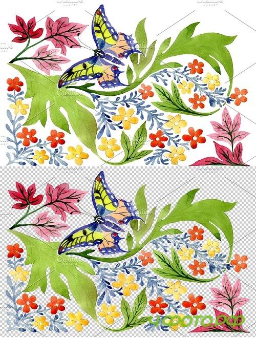 European floral ornament watercolor - 3850130
