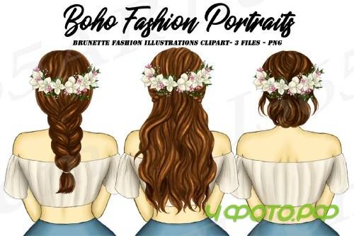 Boho Brunette Girls Fashion Clipart, Flower Wreath Spring - 267899