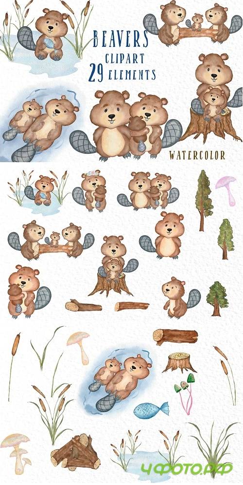 Watercolor animals Beavers clipart - 3909013