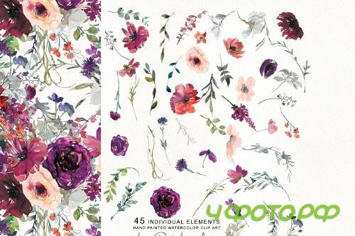 Watercolor Purple & Burgundy Florals - 3361909