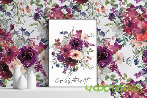 Watercolor Purple & Burgundy Florals - 3361909