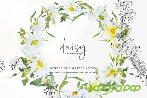 Watercolor Daisy Wreath Clip Art - 3555783
