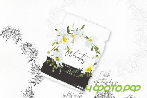 Watercolor Daisy Wreath Clip Art - 3555783