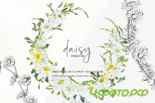 Watercolor Daisy Wreath Clip Art - 3555783