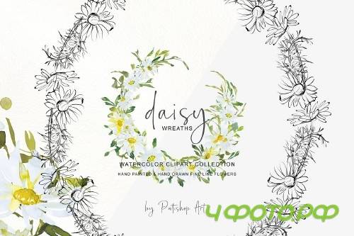 Watercolor Daisy Wreath Clip Art - 3555783