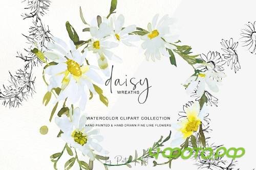 Watercolor Daisy Wreath Clip Art - 3555783