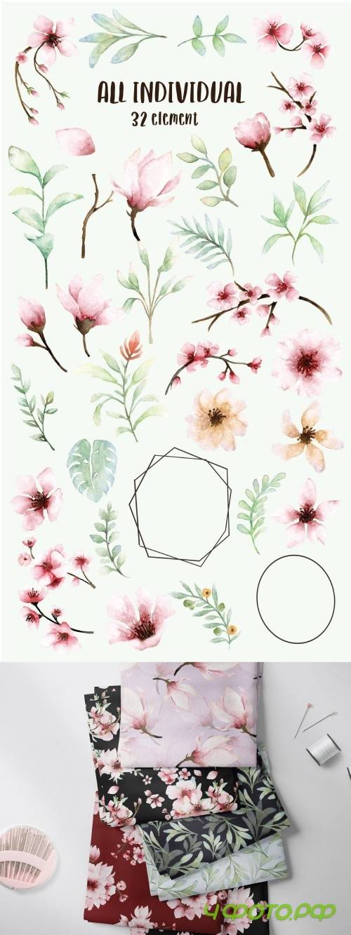 Pink Floral - Sakura Watercolor set - 3930530