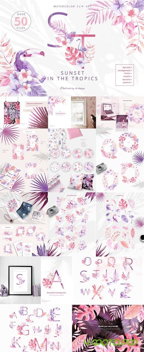 Sunset in the Tropics. Clipart set - 3944891
