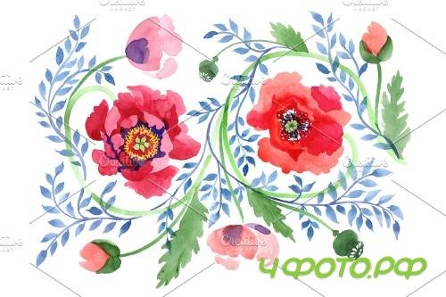 Ornament of poppies red watercolor - 3950981