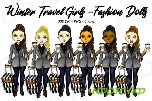 Winter Travel Clipart Girls, Fashion Doll Illustrations, PNG - 204445