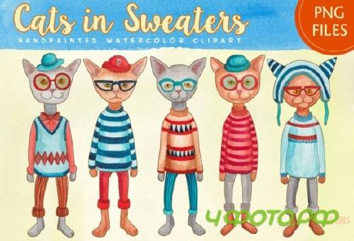 Cats in Sweaters Watercolor Clipart Set 696526
