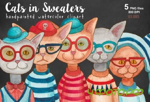 Cats in Sweaters Watercolor Clipart Set 696526
