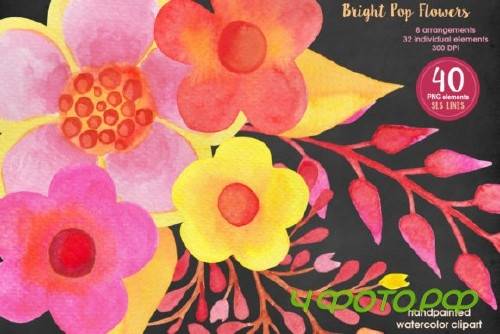 Pop Watercolor Flowers Pink & Orange Yellow - 852848