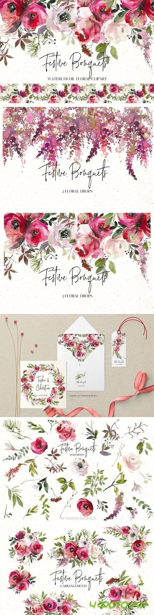 Festive Bouquets Watercolor Flowers - 3004799