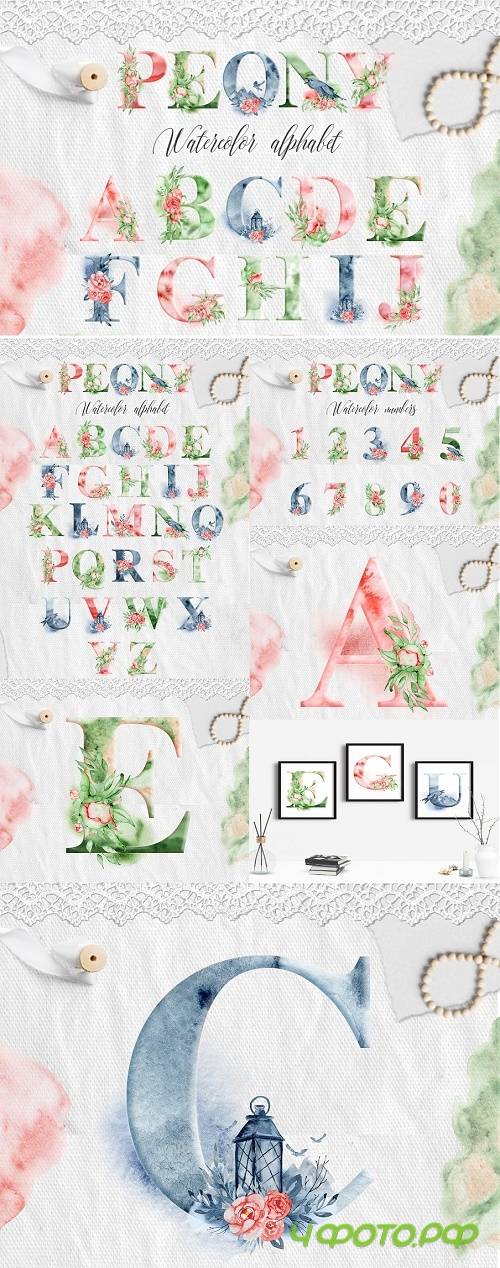 Watercolor Peonies Alphabet ClipArt - 2559720