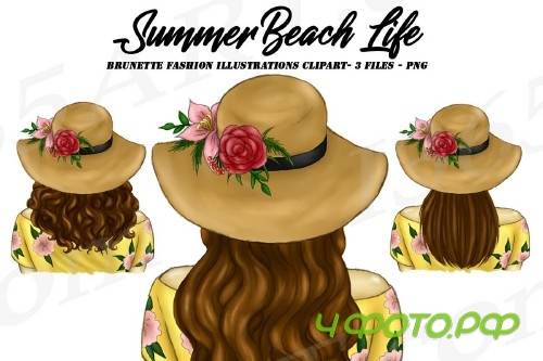 Summer Girl Fashion Portrait Brunette Hairstyles Clipart Set - 267878