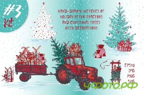 Set of Hand drawn Christmas tractors - 4062257