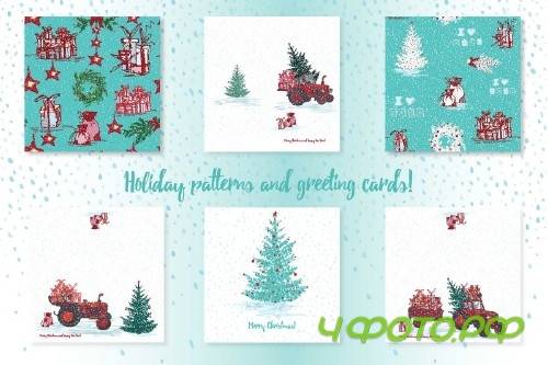 Set of Hand drawn Christmas tractors - 4062257