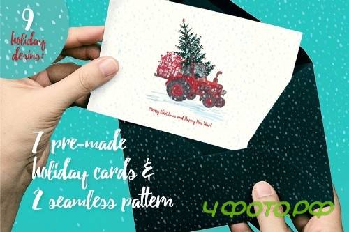 Set of Hand drawn Christmas tractors - 4062257