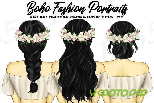 Boho Dark Hair Girls Fashion Clipart, Flower Wreath Spring - 267902