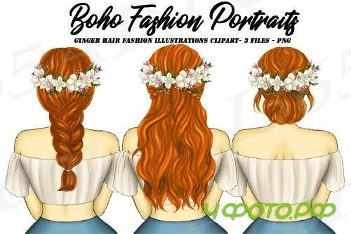 Boho Ginger Red Hair Girls Fashion Clipart, Flower Wreath - 267956