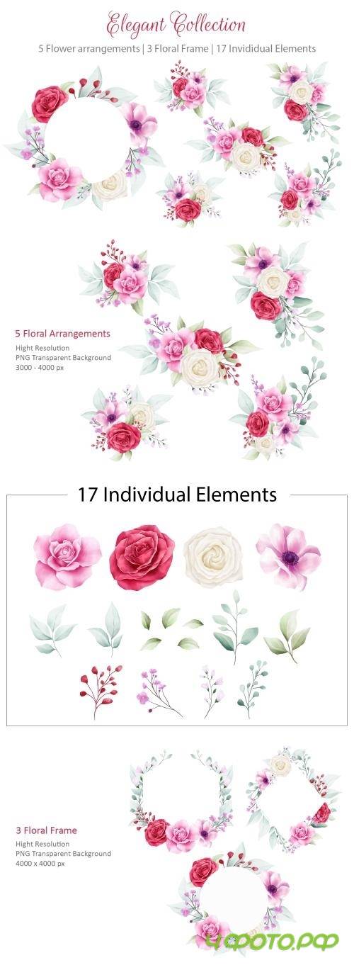 Elegant Watercolor Flowers Bouquet and Frame Collection - 312689 Elegant Watercolor Flowers Bouquet and Frame Collection - 312689