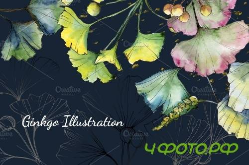 Green Ginkgo leaves Watercolor - 4119344