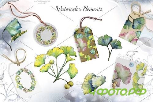 Green Ginkgo leaves Watercolor - 4119344