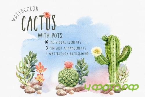 Watercolor Succulents, Cacti and Pot - 3654392