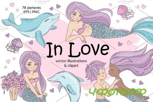 Mermaid in Love Illustration Set - 3383689