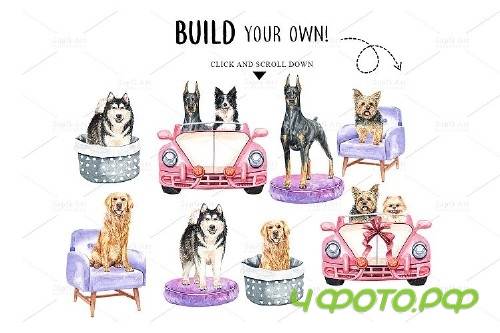 Dog clip art, Watercolor painting dog and toy set E - 352457