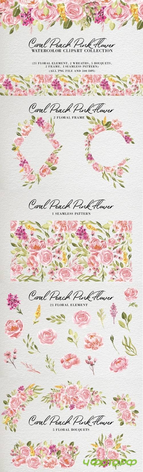 Coral Peach Pink Flower Watercolor