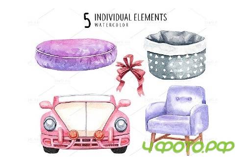 Dog clip art, Watercolor painting dog and toy set E - 352457