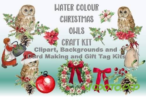 Watercolour Christmas Owls Clipart, Backgrounds & Craft Kit - 372123