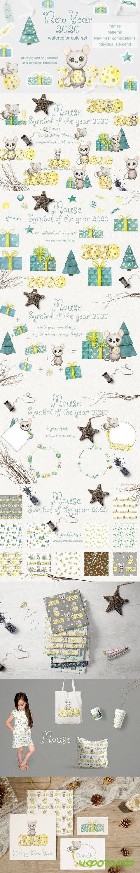 Mouse. New Year 2020. Watercolor set - 384742