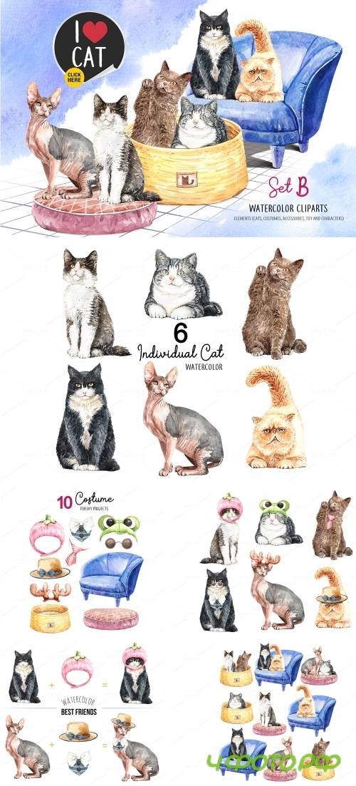 Cat watercolor Set B, Animal watercolor - 411502