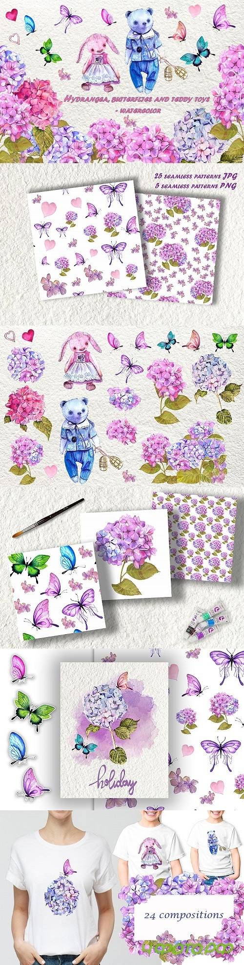 Watercolor clipart of hydrangea, butterflies and teddy toys - 412807