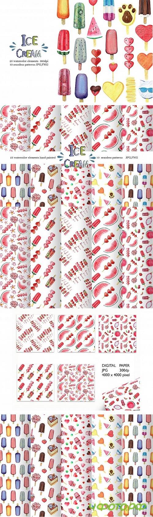 Watercolor Ice Cream Clipart Seamless patterns - 512960