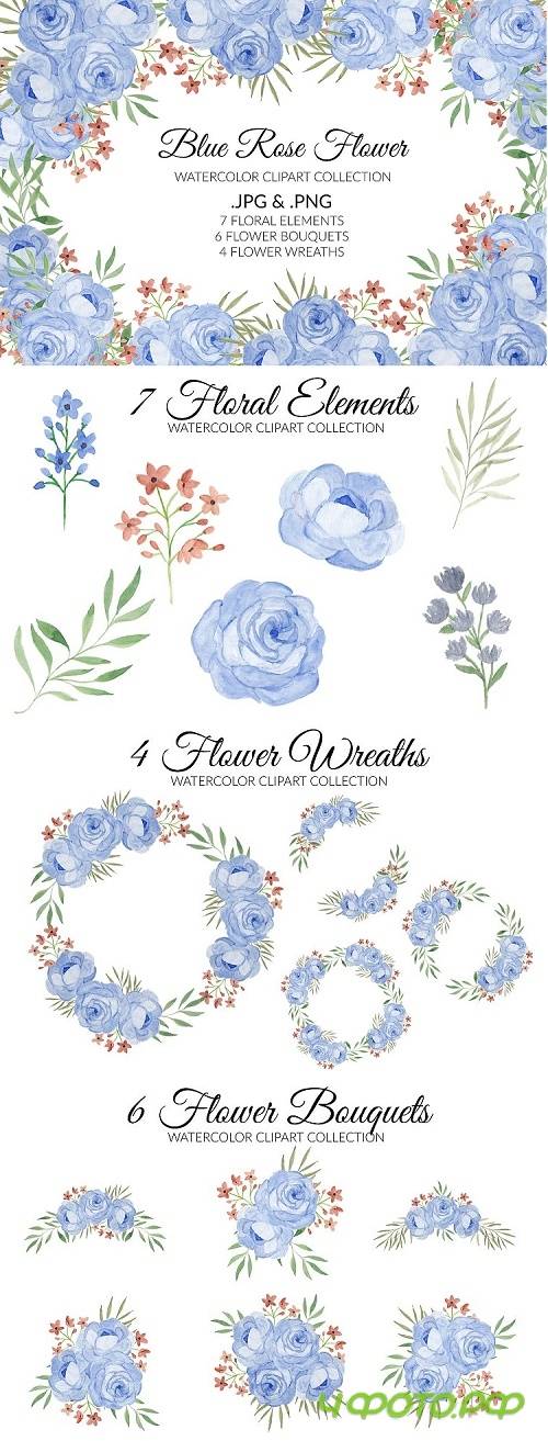 Blue Rose Flower Watercolor Clipart Collection - 515117
