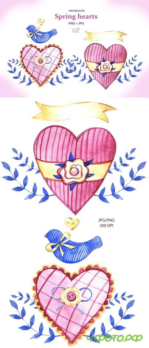 Watercolor spring hearts - 4694960