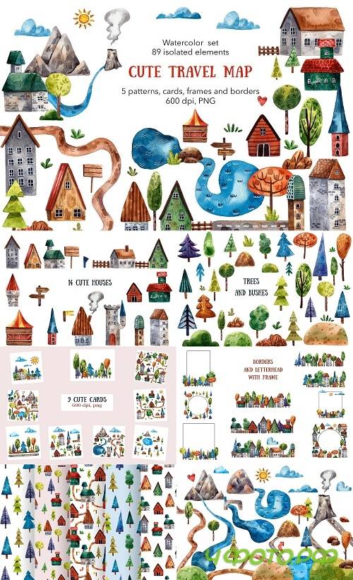 Cute Travel Map - Watercolor Set - 4688663
