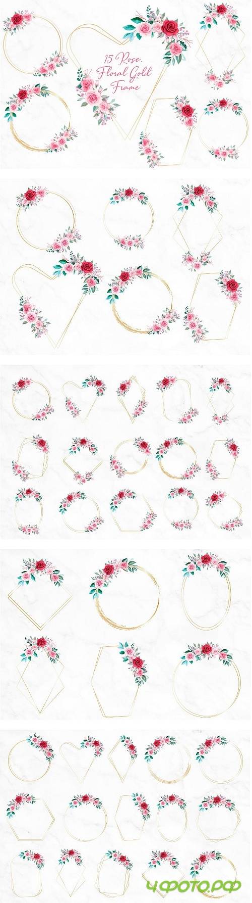 Rose Floral Gold Frame Clipart PNG, Flower Geometric Frame  - 517787