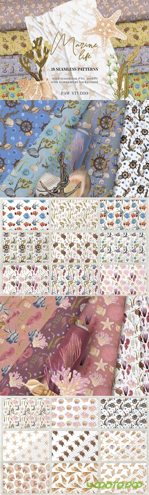 Underwater Seamless Patterns Marine animals seaweed seashell  - 518756