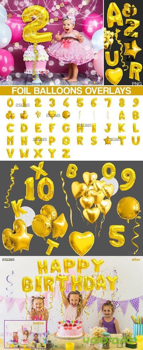 45 Foil Number Balloons Alphabet Photoshop Overlays, Gold - 524278