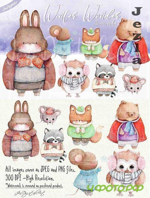 Watercolor Winter Wonder Animals 7 PNG / JPG Illustrations  - 524261