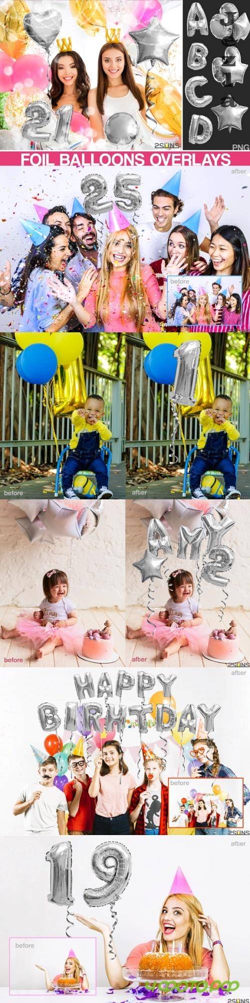 45 Foil Number Balloons Alphabet Photoshop Overlays, Silver - 530872